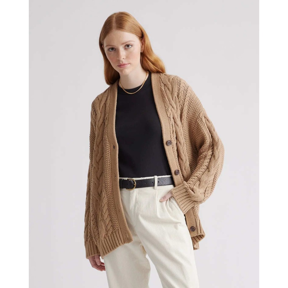 Quince Organic Cotton Cable Knit Cardigan Sweater Camel Brown Medium NWT